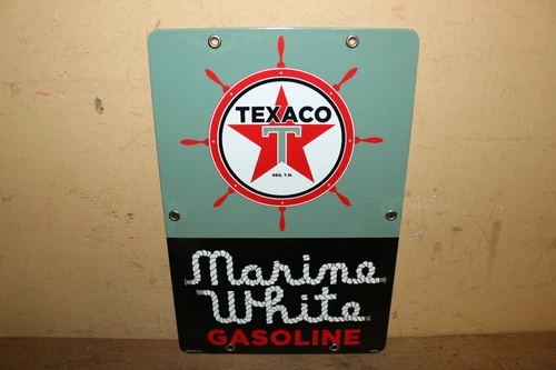Vtg Dated 1963 Texaco Marine White Gasoline Boat Motor 12" Porcelain Metal Sign