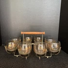 Federal Glass Roly Poly Roma Coin Vintage MCM Smoked Ombre Set 8 Glasses Caddy