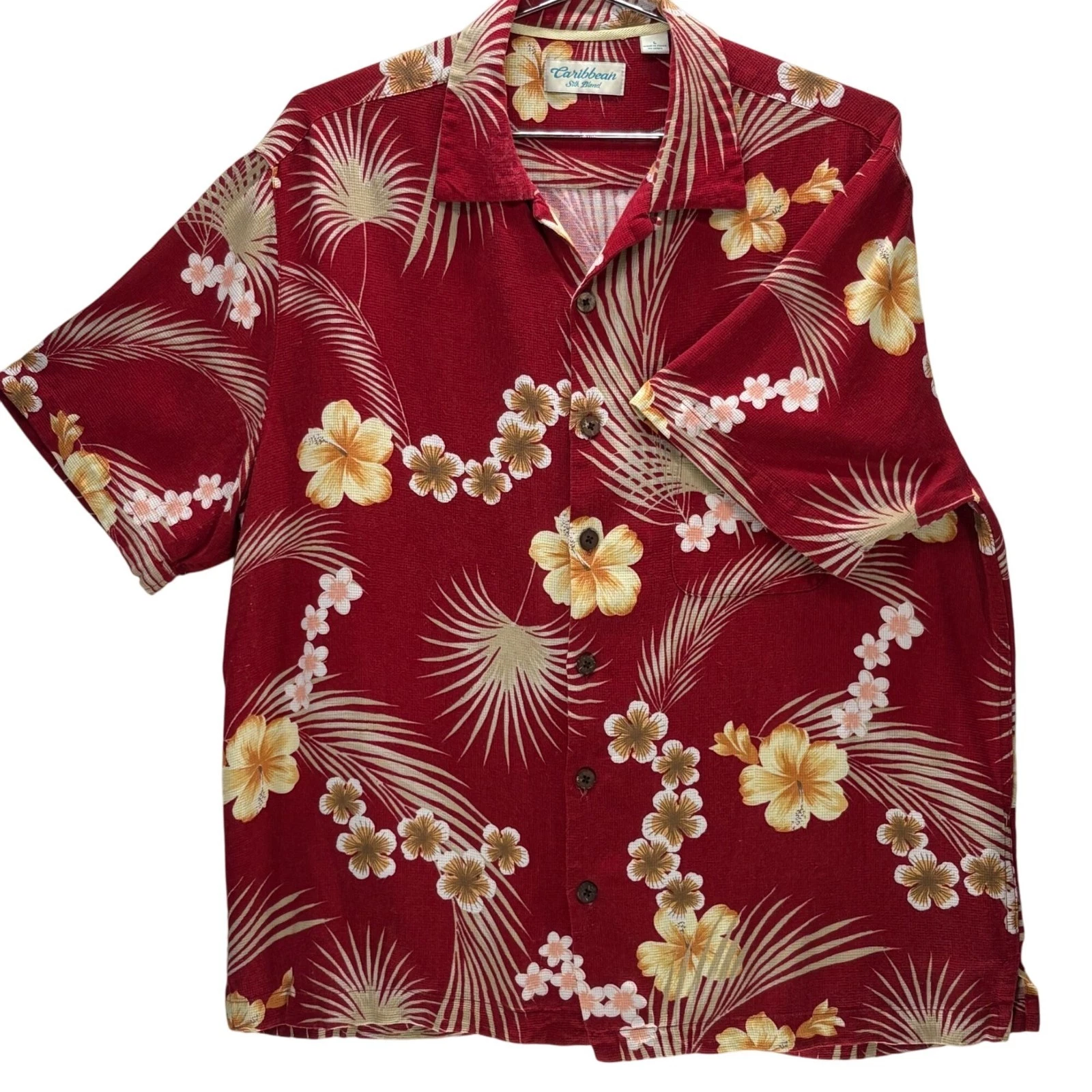CARIBBEAN Mens L Red Floral Silk Blend Hawaiian Shirt Coconut Buttons