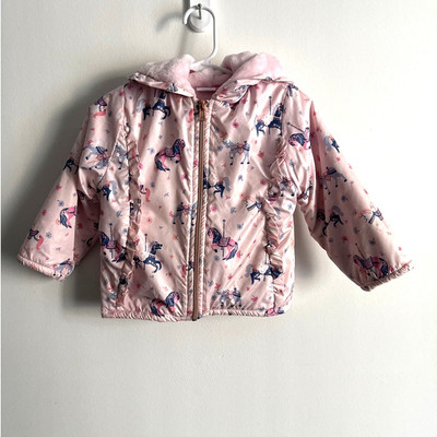 Penelope Mack Girl's Jacket | Baby/Toddler Pink 24M | Ruffle Trim Carousel Print