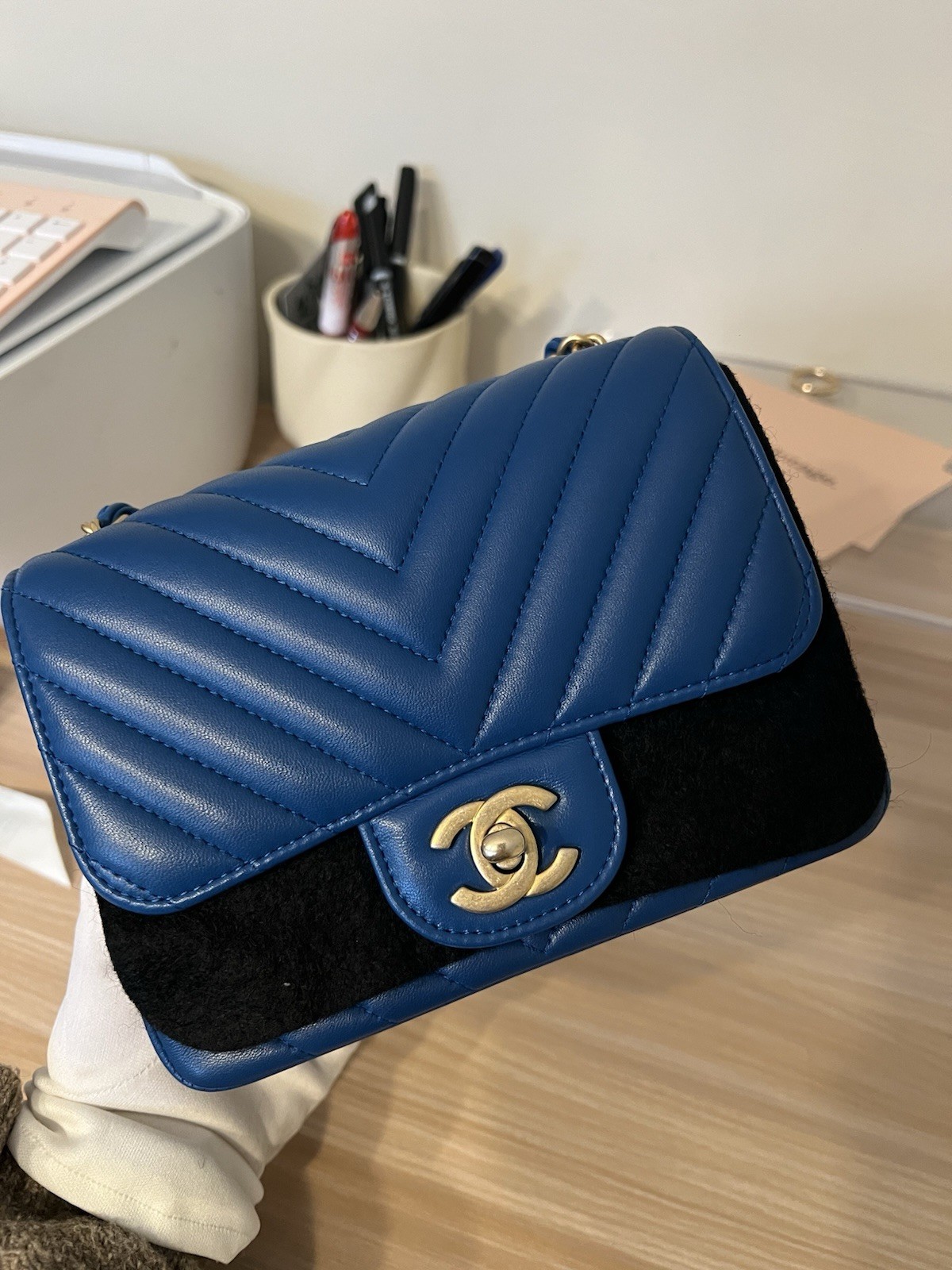 CHANEL Chevron Shoulder Bag Mini Blue Leather