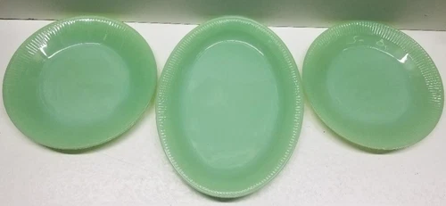 Vintage Fire King Jane Ray Jadeite Oval Serving Platter & 2 Plates Ribbed VGC