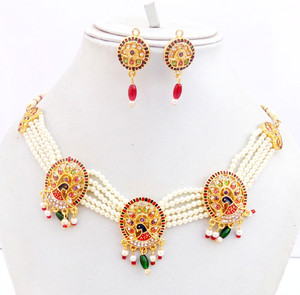 Authentic Indian Bollywood Gold Plated Pearl Choker Bridal Necklace Earrings Jewelry Set