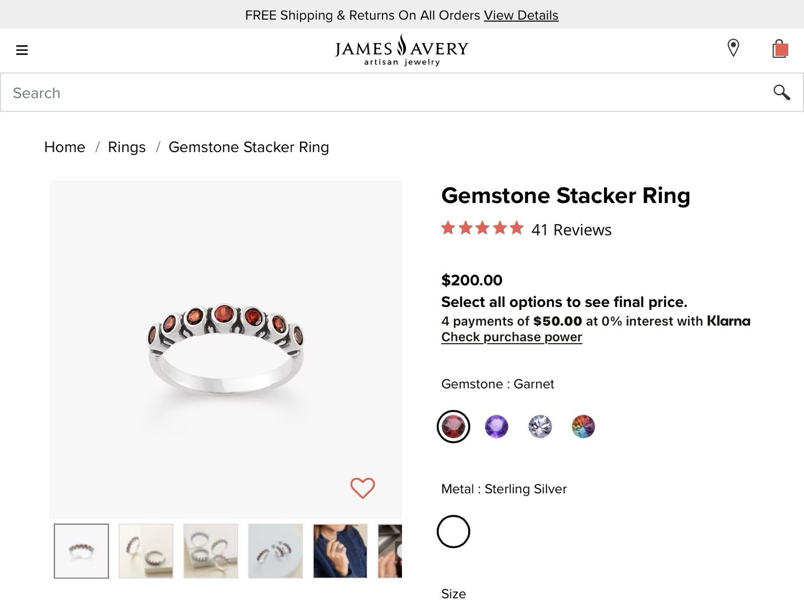 James Avery Garnet Stackable Ring Sterling Silver… - image 1