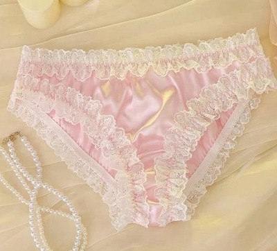 Satin Pink Lave Ruffles Sissy Boy Shorts Open Crotch Bikini Brief Panties L NEW