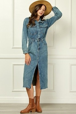 Western Vintage Denim Midi Dress Long Sleeve Front Slit Jean Shirt Dress M  | eBay