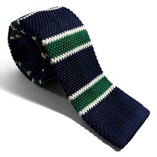 Navy Blue  Green Striped Knitted Tie Handmade 