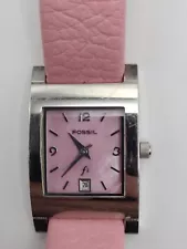 Fossil F2 Watch Women Pink Leather Strap Rectangle Dial Silver Tone New Battery