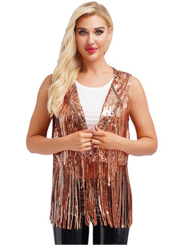 Women Vest Lapel Waistcoat Sparkly Shrug Tassel Cardigan Open Front Top Disco - Picture 28 of 41