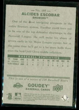 2009 UPPER DECK GOUDEY Rookie Baseball Card #105 ALCIDES ESCOBAR Brewers - Image 2 of 2