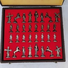 Vintage Italfama Chess Set DON QUIXOTE Silver & Bronze Plated Pieces 60's