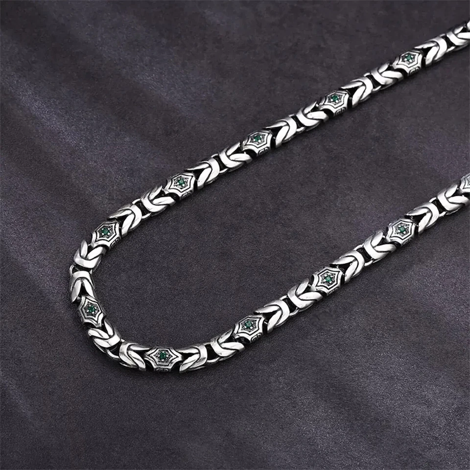 Colar bizantino masculino corrente prata esterlina 925 sólido zircão verde 80 g/25 polegadas - Imagem 2 de 4
