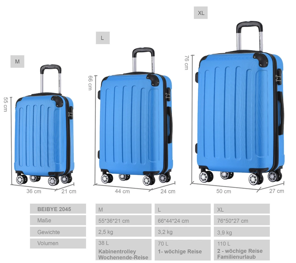 BEIBYE Koffer Hartschalen Trolley Kofferset Reisekoffer M-L-XL-Set in 20 Farben - Bild 2 von 4