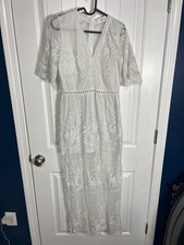 Eleter White Lace Maxi Dress With Sheer Floral Embroidery And V-Neckline Size S