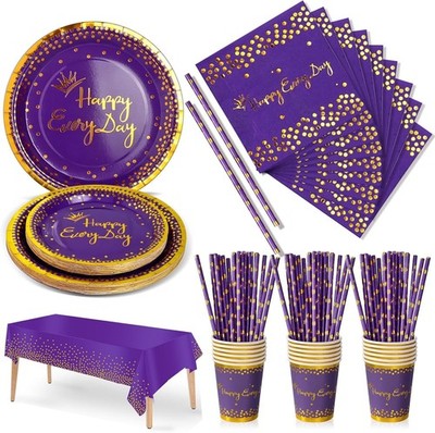 Children's Birthday Party Tableware, 126 Pieces Purple Gold Paper Plates Chil...