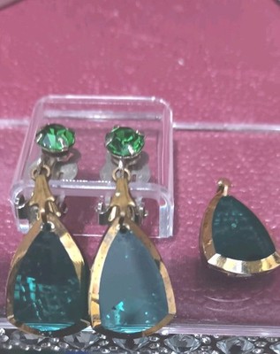 Vintage Green Glass And  Gold  Earrings + Matching  Charm.Some Flaws In The Gold