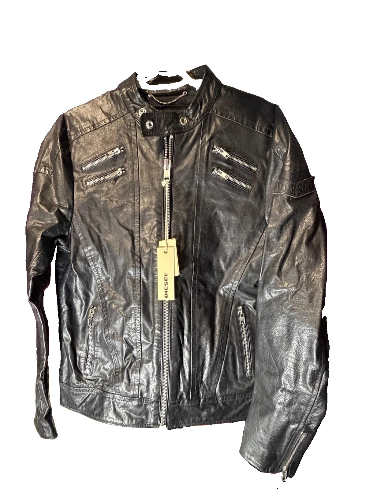 Diesel L-Neilor Men’s Black Leather Biker Jacket L Full Zip Pockets image 9