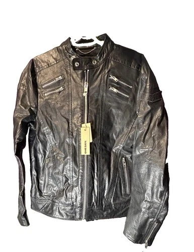 Diesel L-Neilor Men’s Black Leather Biker Jacket L Full Zip Pockets image 9