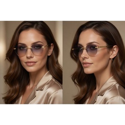 Gold Rimless Gradient Women Sunglasses Purple Peach Tinted Lens Round Eyewear