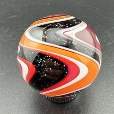 Contemporary Handmade Art Glass Marble 1.15" Red Orange White Black Sparkle MIB