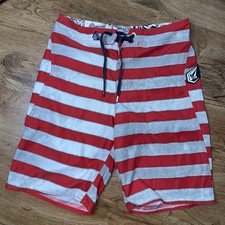 Volcom Board Shorts Youth Boys 28 Red White Maguro Stripe Swim Surf Trunks