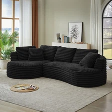 Curved L-Shape Sectional Sofa: Minimalist Sleeper Couch, Corduroy Black