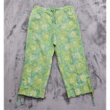 Vintage 90s Erika Pants Womens M Green Blue Leaf Print Linen Blend Pull On Crop