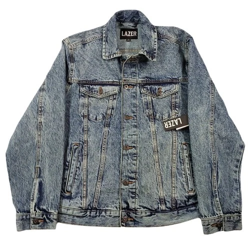 Lazer Denim Short Trucker Jacket Mens Large Medium Blue Wash Jean $78 NEW - product listing photo