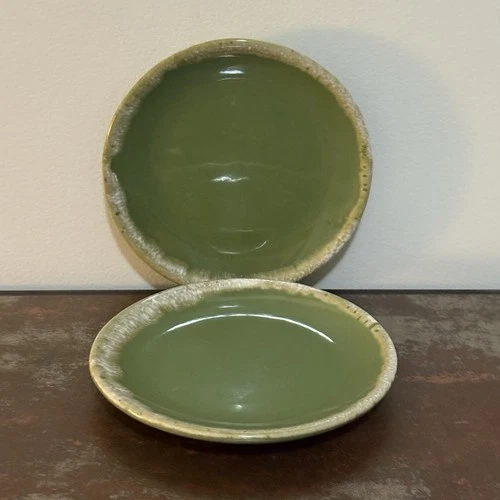 HULL Pottery Green Drip Glaze Bread Plates (2) Oven Proof USA Vintage
