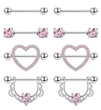 4Pairs 14G G23 Titanium Nipple Rings for Women Heart Flower CZ Barbell Nipple...