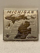Vintage Powder Compact Mirror State of Michigan Gold Tone Metal Souvenir