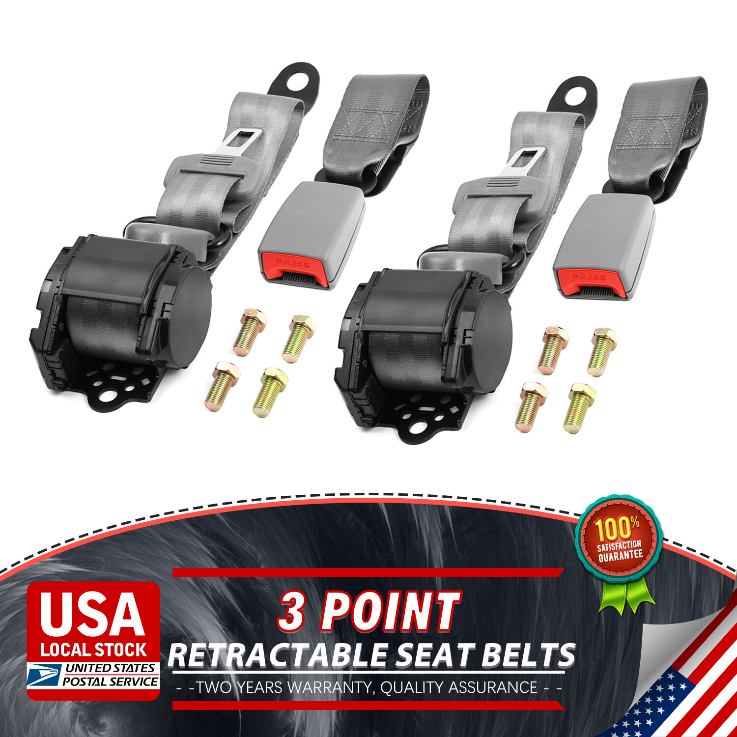 Gray 2X 3 Point Car Retractable Safety Seat Belt Strap Vehicle Adjustable Kit