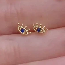 Tiny Zircon Inlaid Gold Toned Evil Eye Stud Earrings