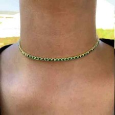 5Ct Bezel Set 3mm Rd Green Emerald Tennis Choker Necklace 14K Y Gold Plated 16"