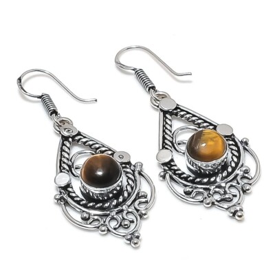 Tigerauge Edelstein Handarbeit 925 Sterlingsilber Schmuck Ohrring Größe 1,8 Zoll