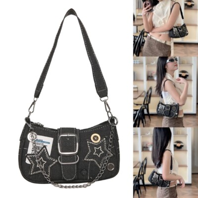 Button Star Armpit Bag for Women Shopping Dating Bag Denims Handbag Shoulder Bag