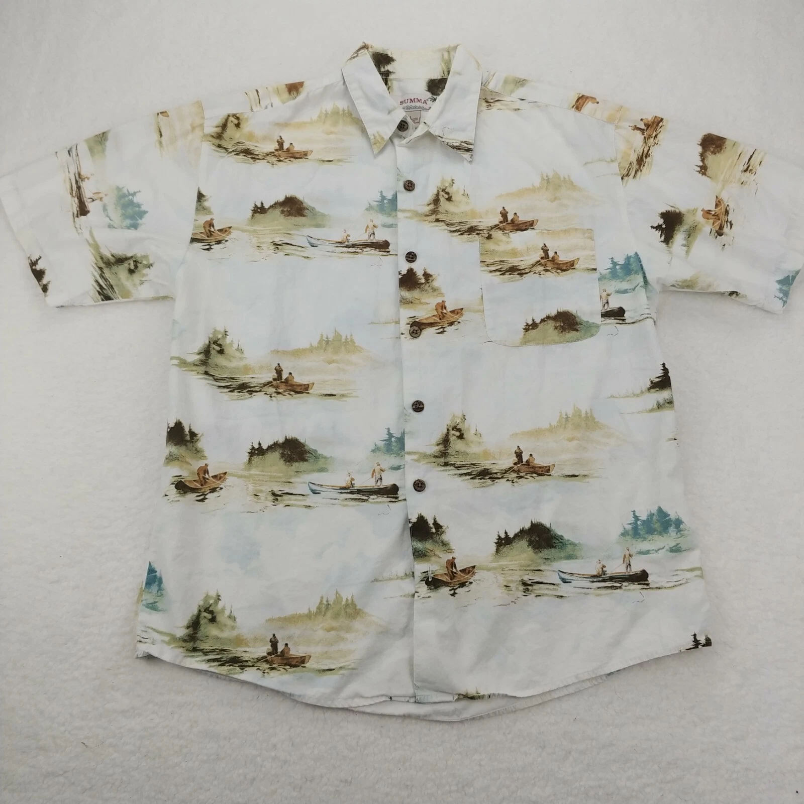 Summa Mens SizeL Button Up Linen Shirt Sailboat AOP Pocket Fishing Short Sleeve