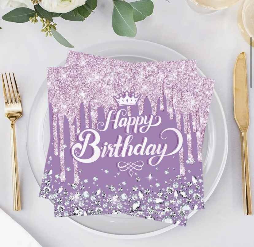 Pack Of 20 Purple Crown Birthday Napkin Party Celebration Tablewear Decoration