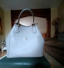 Gray Large Satchel Top Handle Bag, Magnetic Closure, Strap, Green Lining