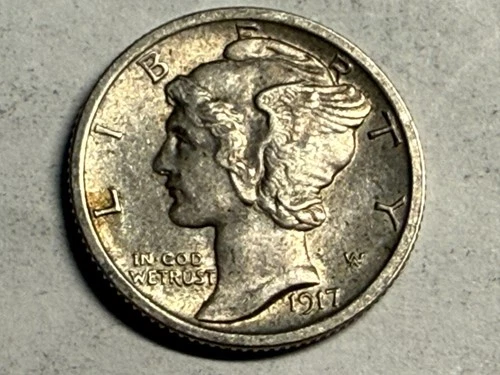 1917 MERCURY silver U.S. dime. Very choice AU, tons of luster. #k1