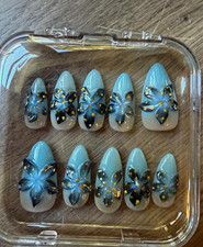Press-On Nails Medium Almond Blue/White/Gold 3D Flowers Full Cover Pre-Designed