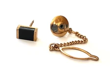 Vintage 1950's Gold Tone Black Onyx  Stone Tie Pin Tack