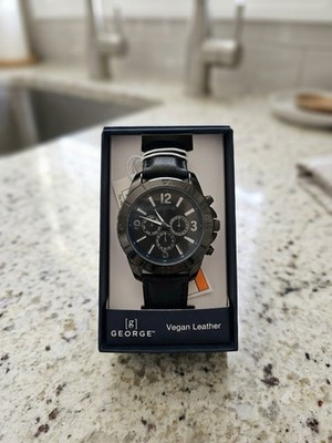 George Vegan Leather Chronograph Quartz Men's Watch 44mm Black w/ Box
