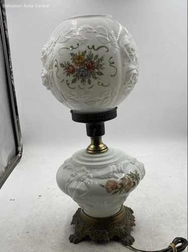 Vintage Milk Glass Floral Gone With The Wind Parlor Table Lamp Globe Brass Base