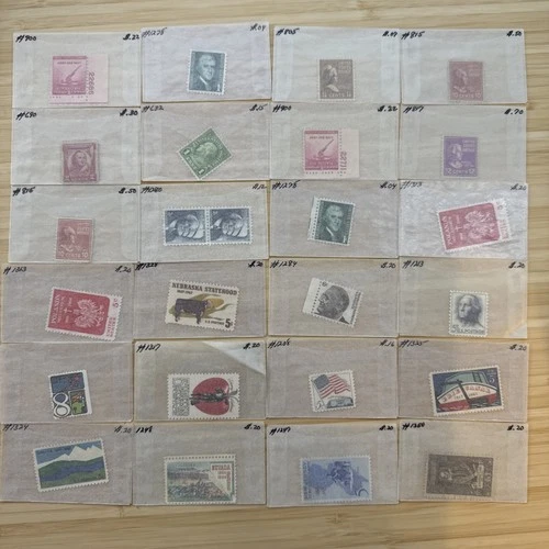 US Stamp Lot 20 Mint Singles MNH MH 1930s-1960s Collection Vintage Glassines