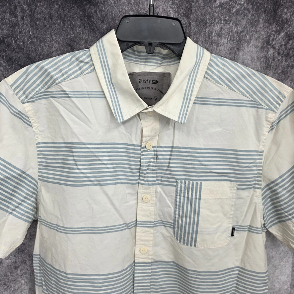 Camisa oxidada para hombre grande beige con botones a rayas informal manga corta preppy * Foto 3 de 4