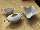 Mid-century Modern Melamine White Speckled Sugar Bowl, Creamer, And Gravy Boat — photo 1