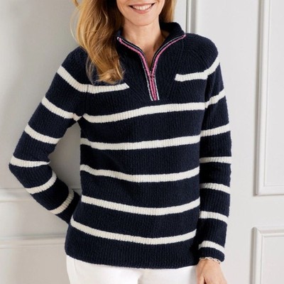NWT Talbots Blue BOUCLÉ HALF-ZIP PULLOVER Sweater Sz 1X STRIPE Navy Nautical