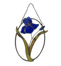 Stain Glass Blue Iris Flower Sun Catcher 9.5" Mosaic Ornament Oval Floral Decor