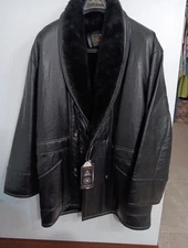 New Italy Shearling Coat Womens XL Black Leather Overcoat Fur Lined Collared 